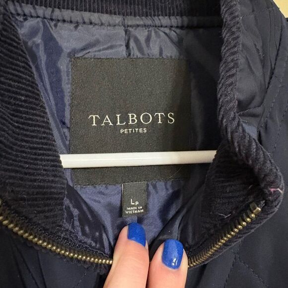 Talbots Women Navy Blue Quilted Zip Vest Corduroy Collar Petite Large - Picture 7 of 11